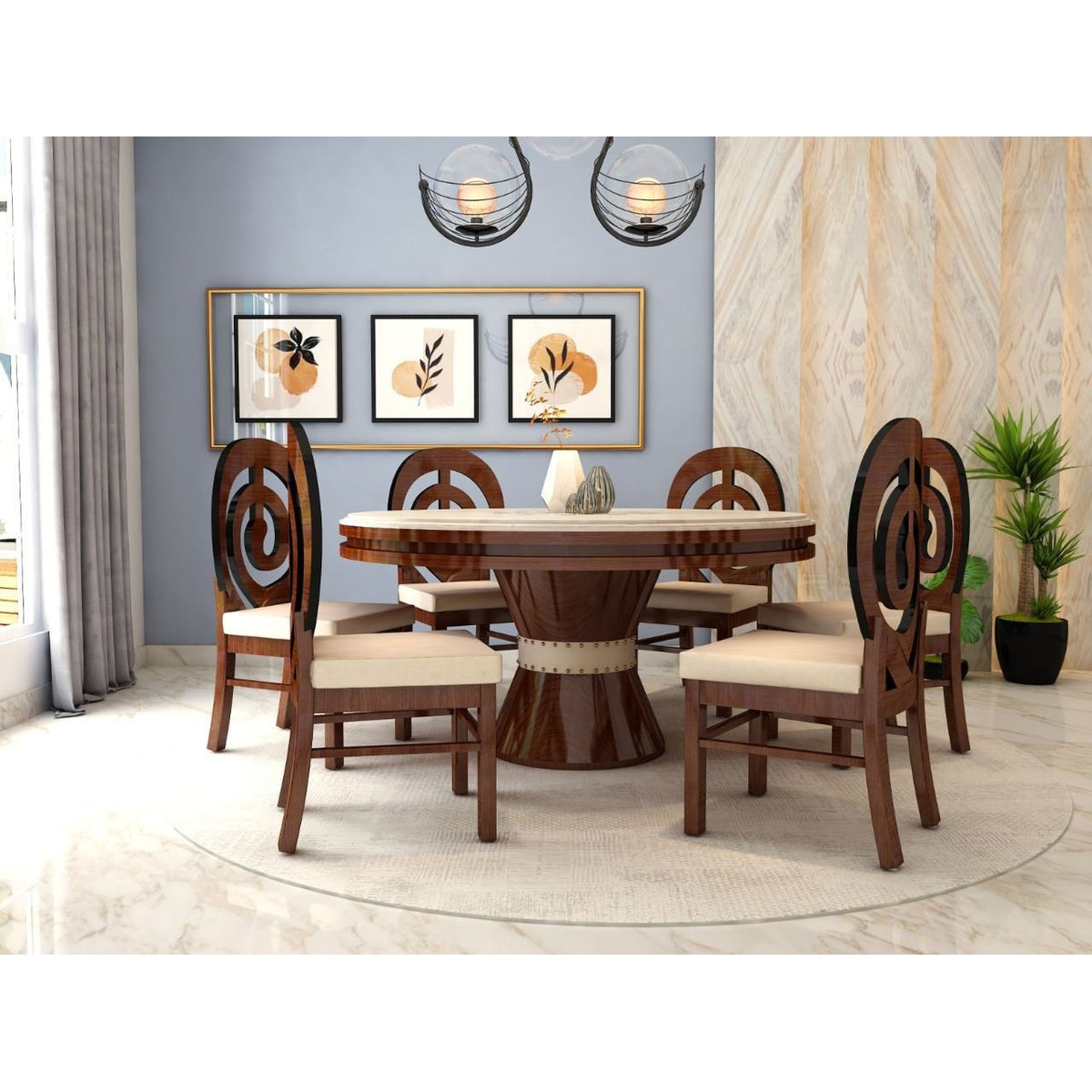Mobel Emporio Seater Round Marbel Top Dining Table Set Walnut