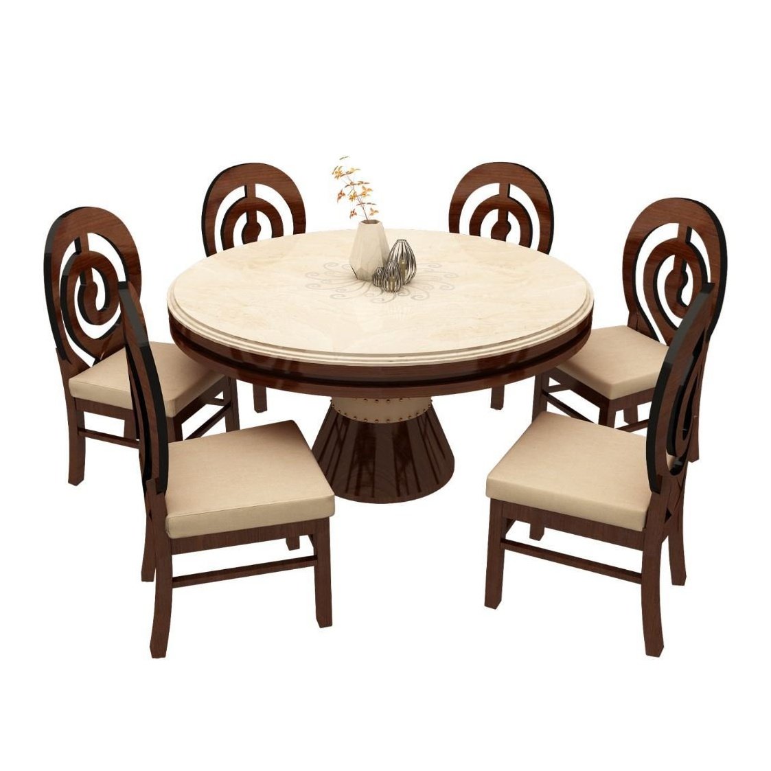 Mobel Emporio 6 Seater Round Marbel Top Dining Table Set Walnut